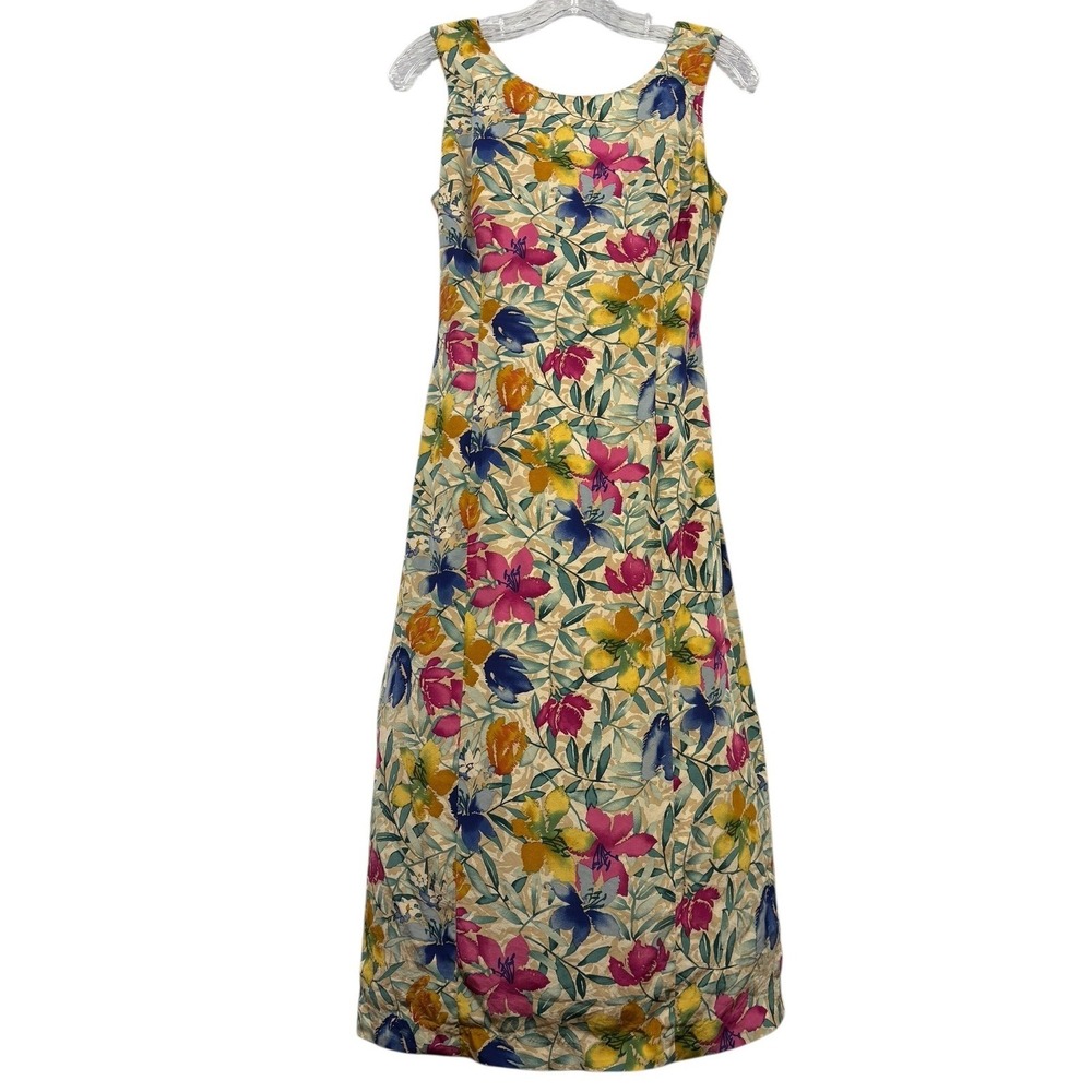 Vintage Maggy London Silk Floral Midi Dress Sleeveless Garden Party Cottagecore